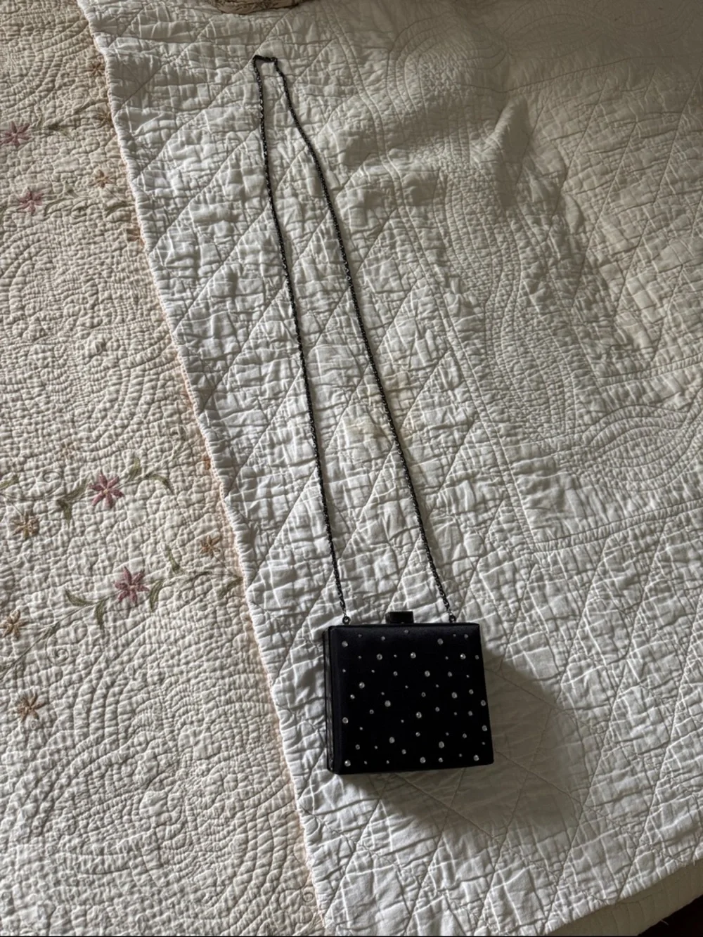 Jessica McClintock Black Satin Rhinestone Box Clutch
